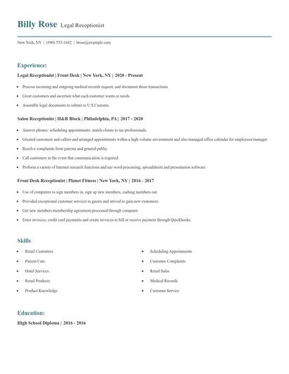 Legal Receptionist Resume