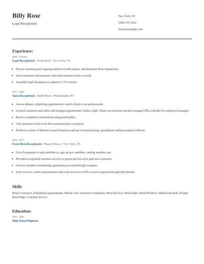 Legal Receptionist Resume