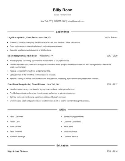 Legal Receptionist Resume