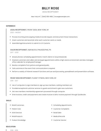 Legal Receptionist Resume