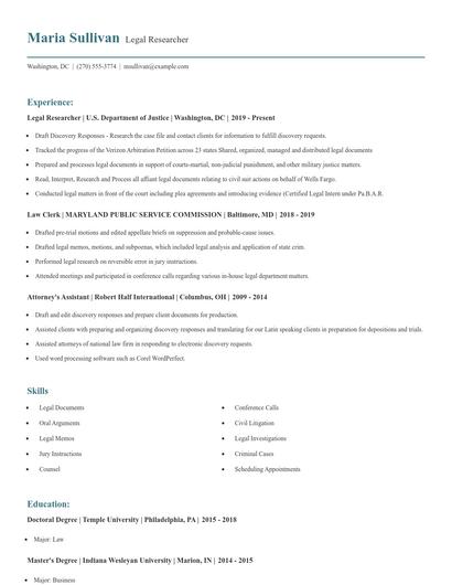 Legal Researcher Resume