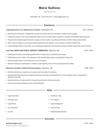 Legal Researcher Resume