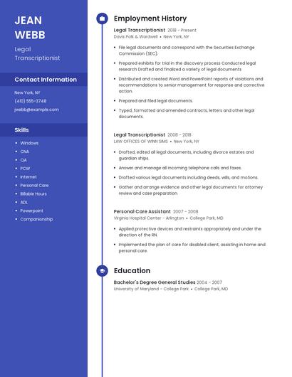Legal Transcriptionist Resume