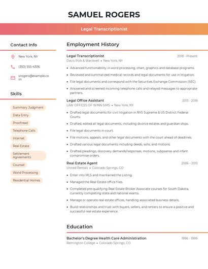 Legal Transcriptionist Resume