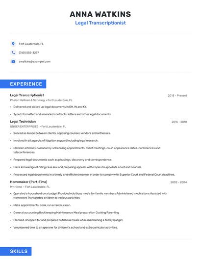 Legal Transcriptionist Resume