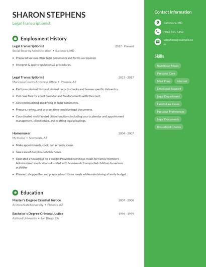 Legal Transcriptionist Resume