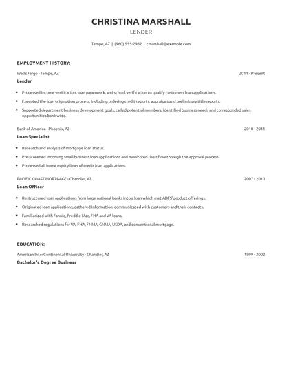 Lender Resume