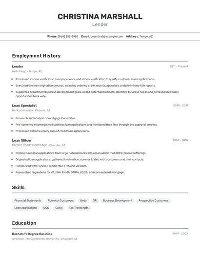 Lender Resume