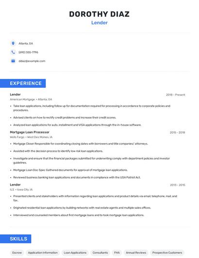 Lender Resume