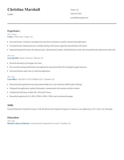 Lender Resume