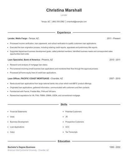 Lender Resume