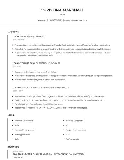 Lender Resume