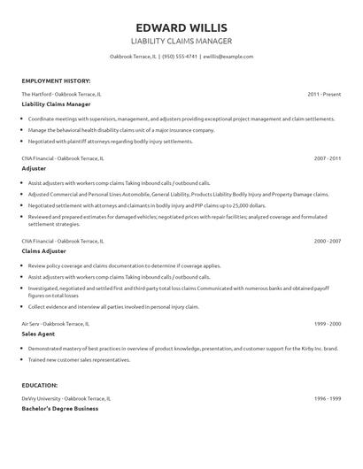 Liability Claims Manager Resume