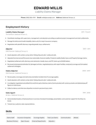 Liability Claims Manager Resume