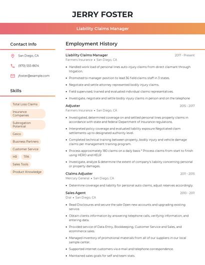 Liability Claims Manager Resume