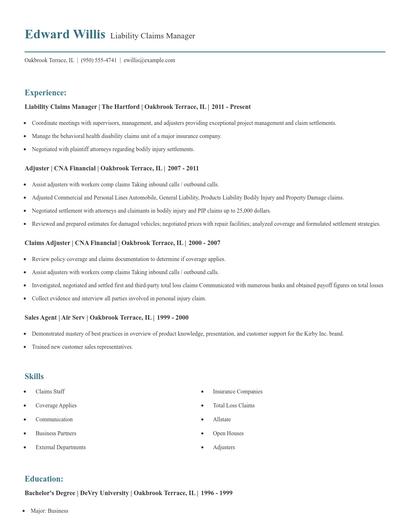 Liability Claims Manager Resume