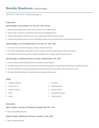 Librarian Helper Resume