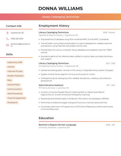 Library Cataloging Technician Resume