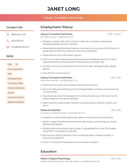 Library Circulation Technician Resume