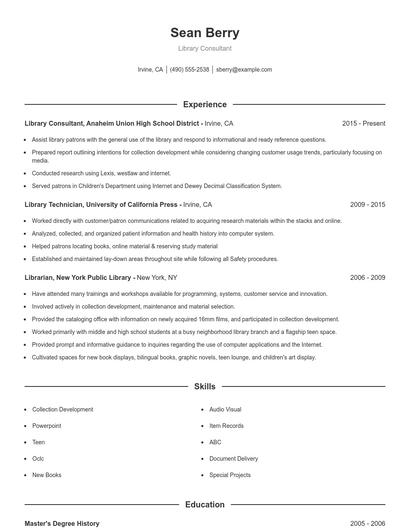 Library Consultant Resume