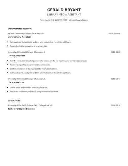 Library Media Assistant Resume