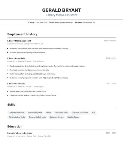 Library Media Assistant Resume