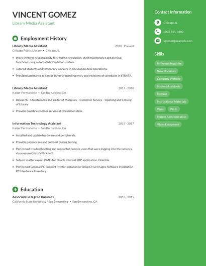Library Media Assistant Resume