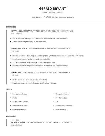 Library Media Assistant Resume