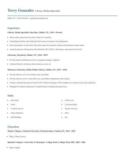 Library Media Specialist Resume