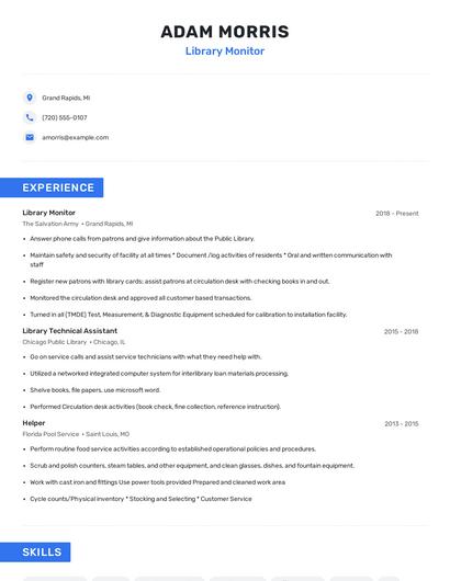 Library Monitor Resume