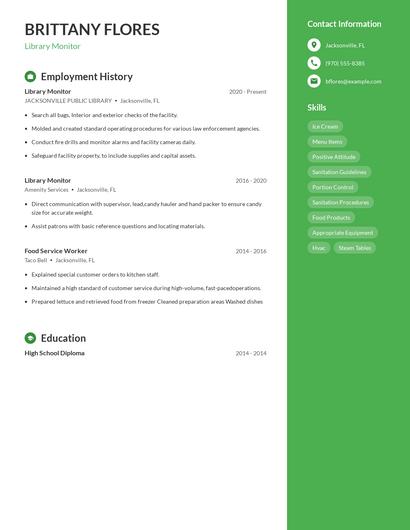 Library Monitor Resume