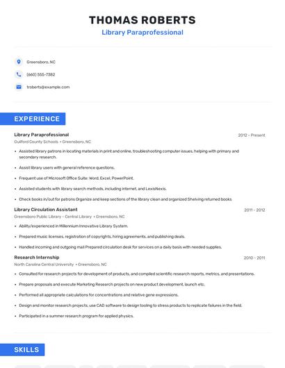 Library Paraprofessional Resume