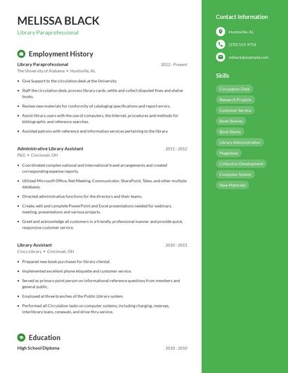 Library Paraprofessional Resume
