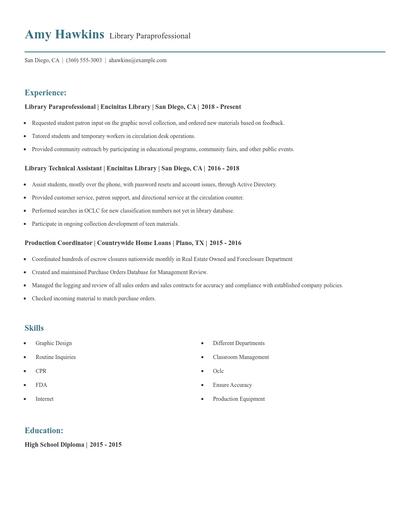 Library Paraprofessional Resume