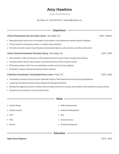 Library Paraprofessional Resume