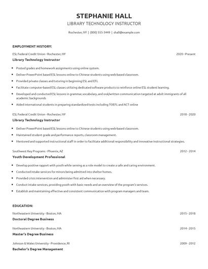 Library Technology Instructor Resume