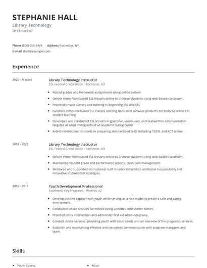 Library Technology Instructor Resume