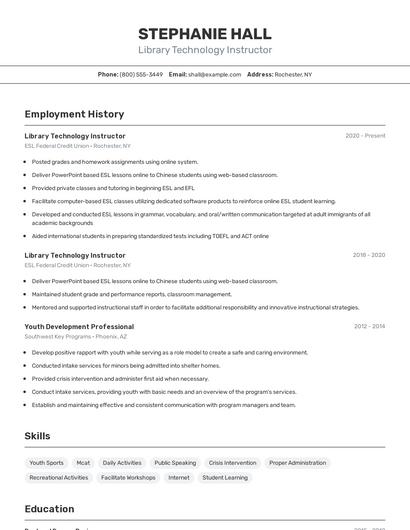 Library Technology Instructor Resume
