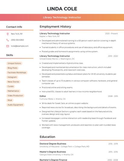 Library Technology Instructor Resume