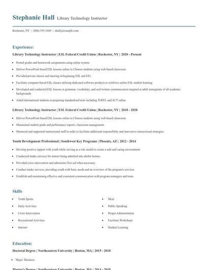 Library Technology Instructor Resume