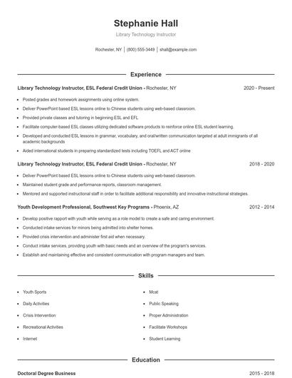 Library Technology Instructor Resume