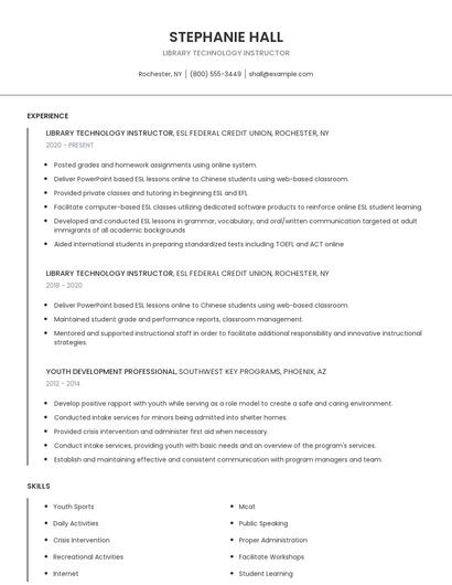 Library Technology Instructor Resume