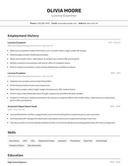 License Examiner Resume