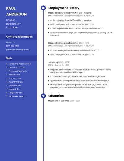 License Registration Examiner Resume