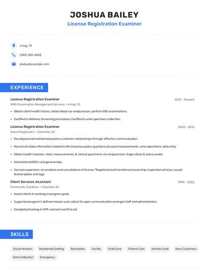 License Registration Examiner Resume