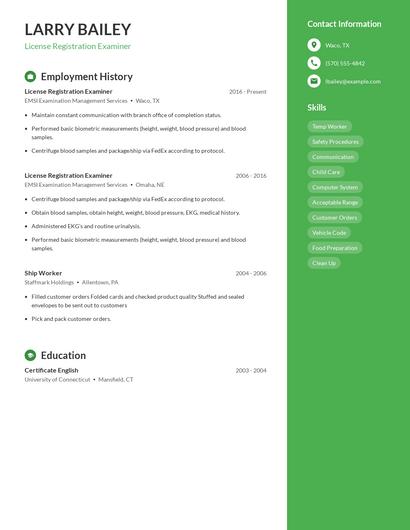 License Registration Examiner Resume