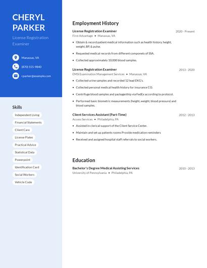 License Registration Examiner Resume