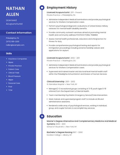 Licensed Acupuncturist Resume