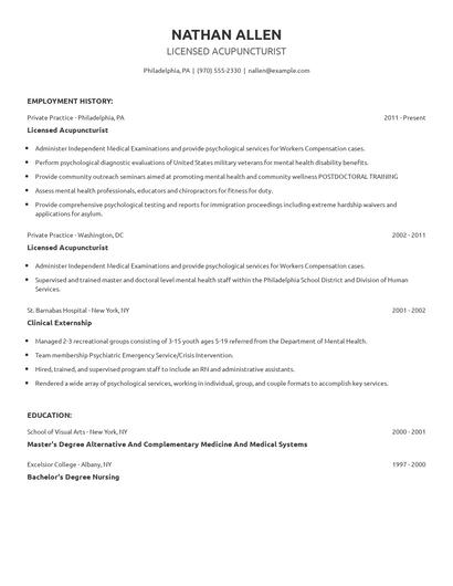 Licensed Acupuncturist Resume