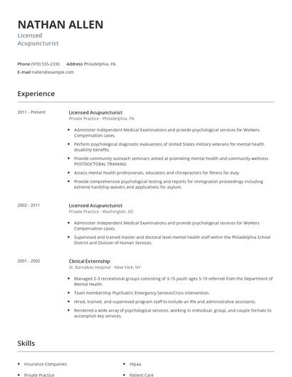 Licensed Acupuncturist Resume
